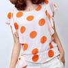 Leche de Papaya Verano Nuevo Top Estilo Coreano Suelto Lunares Cuello Redondo Jersey Manga Corta Ajustado con Cordones Camisa de Gasa para Mujer