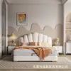 Cama de Matrimonio de Lujo Ligero Estilo Italiano de 1.8 m para Dormitorio Principal, Cama de Piel Premium Color Crema, Cama Matrimonial de 1.5 m con Almacenamiento, Cama Minimalista de Madera Maciza