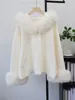 Nova Coleção Outono/Inverno 2026: Cardigan de Lã Dupla Face com Capuz, Tricô Falso Pelo Patchwork, Modelagem Solta, Casaco Suéter de Luxo para Mulheres