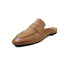 Sandalias tipo mula de color desgastado para mujer, modelo nuevo de verano semi-cubiertas, sandalias planas de tacón bajo con punta redonda de piel genuina, talla de zapato para mujer 40