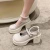 Mocassins de cinto de pérolas estilo francês feminino 2024 novo salto grosso sola grossa estilo britânico elegante cinto de uma palavra sapatos Mary Jane