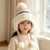 Gorro de invierno para niños con orejeras, gorro de lana tejido para niñas con forro polar y engrosado, diseño lindo de pompón, gorro a prueba de viento y cálido para bebés