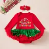 Venta directa de fábrica vestido navideño para niña pequeña enterizo de malla con lentejuelas de manga larga para bebé con diadema y calentadores de piernas conjunto