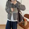 Chaqueta Suéter de Rayas Retro de Color Contrastante para Mujer Otoño e Invierno Estilo Perezoso Japonés y Coreano Holgado Casual Cardigan de Punto con Cremallera
