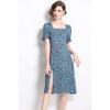 Aliexpress Amazon Transfronterizo Europeo y Americano Verano Nuevo Cuello Cuadrado Manga Corta Vestido Slim con Abertura Estampado para Mujer