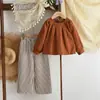 Conjunto Duas Peças Menina Estilo Novo Primavera e Outono Estilo Coreano Suéter Manga Longa e Calça Longa Listrada Conjunto, Roupas Infantis Populares Transfronteiriças