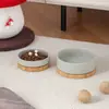 Cuenco de Color Sólido Mate con Borde Recto y Bandeja de Bambú, Cuenco Cerámico para Mascotas, Cuenco para Gatos, Cuenco para Perros, Cuenco de Agua, Cuenco Antiderrames para Comida