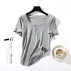 Camiseta de Algodón Acanalado con Botones, Cuello Redondo, Manga Corta, Estilo Nuevo de Verano para Mujer, Color Sólido, Corte Ajustado, Top Básico Favorecedor