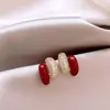 Pendientes de Aguja de Plata Otoño e Invierno Rojo Retro Cuadrado Geométrico Bola Perla Corazón Lujo Accesible Pendientes de Gama Alta Pendientes Sencillos para Mujer