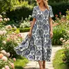 Amazon Nuevo Estampado Vestido de Manga Corta Verano Nuevo Falda Larga Mujer Estilo Bohemio Playa Cuello en V 26