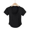 Ap22013-23 Primavera Nuevo Estilo Europeo y Americano Sexy Sexy Cuello en U Slim Dobladillo Arco Manga Corta Color Puro Camiseta