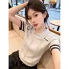 Camisa de Punto de Manga Corta con Contraste de Color Suave Estilo Coreano 2026 Verano Cuello Campana Top Suave de Moda Blusa Versátil