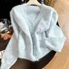 Cardigan de Tricô Bordado Floral 3D Estilo Doce Feminino Outono/Inverno Novo Gola V Emagrecedor Suave Fofo Suéter Roupa Exterior Feminina