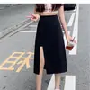 20226 Falda Negra de Verano para Mujer Estilo Francés Hepburn, Línea A, Cintura Alta, Adelgazante, Plisada, Abertura Lateral