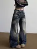 Jeans Reto Largo Lavado Gradiente Curvo Estilo Retro Americano Plus Size para Homens e Mulheres, Calça de Perna Larga Reta Solta Rasgada Estilo Streetwear Tendência