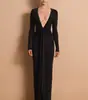 Vestido de noche transfronterizo de manga larga con cuello redondo, escote en V pronunciado, lazada retorcida opcional, espalda descubierta, caída alta, corte ajustado