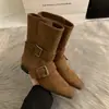 Botas de Gamuza Estilo Francés Coreano de Nicho Diseño a Media Pantorrilla Retro 2026 Nuevas Botines Occidentales de Punta Cuadrada Botas Martin