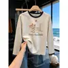 Camiseta de manga larga de algodón puro para mujer, con bloques de color, corte recto, cuello redondo, moderna y versátil, talla grande, efecto adelgazante, adecuada como capa interior para otoño e invierno