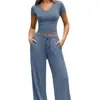 Conjunto de camiseta de cor sólida com decote V slim fit + calça reta de cintura alta com perna larga, conjunto casual de duas peças feminino elástico