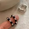 Anel Tecido à Mão com Fio de Contas Redondas de Ágata Preta em Prata Esterlina S925 Anel de Moda Tendência Coreana e Japonesa para o Dia a Dia para Mulheres