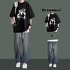 Camiseta de Manga Corta para Hombre Traje de Moda de Verano Set de Top para Niños Jeans a Juego Conjunto de Dos Piezas a la Moda