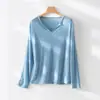 Camiseta de Punto Retro de Manga Larga Fina con Capas para Mujer, Estilo Perezoso, Transpirable, Protección Solar para el Verano, Nueva, Cuello en V, para Usar por Debajo