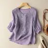 Top Bordado Delgado de Verano para Mujer Artístico Retro Transpirable de Algodón y Lino Camiseta de Manga Corta Cuello Redondo