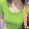 Camiseta de Manga Corta de Color Sólido, Talla Grande, Cuello en U, Hilo Elástico, Gris Oscuro, Ajustada, Escote Bajo, Manga Media, Top Azul para Mujer, Cuello en U