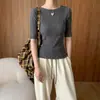 Novedad de Verano Hombro Descubierto Manga de Cinco Puntos Patrón Ondulado Tejido de Gasa Yangzi de los Años 60 Moda Transpirable Color Sólido Top para Mujer