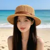 Sombrero de Paja Casual Estilo Francés para Mujer, Sombrero Plano Vintage Británico Calado, Sombrero de Sol para Playa de Verano