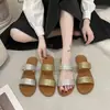 Sandalias Planas Casuales Cómodas Ligeras de Una Correa Moda Europea Americana Pedrería Punta Redonda Pantuflas Mujer 2026 Verano Nueva Llegada