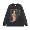 Camiseta estampada estilo japonês, lavada com efeito desgastado, manga curta, ombro caído, gola redonda, casual moderno, comércio exterior