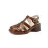Nuevas sandalias romanas de verano 2024, retro, punta cerrada, huecas tipo jaula de cerdo, punta cuadrada, tejidas, con correa de tacón grueso para mujer