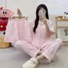 Comercio Transfronterizo Japonés y Coreano Conjunto de Tres Piezas de Algodón Nublado Primavera y Verano Pijama con Solapa para Mujer Dibujos Animados Dulce Ropa para el Hogar