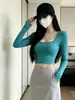 Crop Top de Manga Larga para Mujer, Nuevo Estilo Coreano de Otoño, Camiseta Básica Chica Puro Deseo, Top Corto Versátil de Corte Ajustado, Moderno