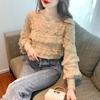 Nueva Camisa de Encaje de Manga Larga con Cuello Redondo Versátil Estilo Coreano Otoño Camisa Interior de Encaje para Mujer