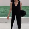 En stock, vestido sin mangas de estilo minimalista con cuello en V, contraste blanco y negro, abertura lateral, vestido largo recto adelgazante de alta gama para primavera/verano
