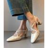 Sandalias Off-White con Tiras Cruzadas y Espalda Hueca para Mujer Verano Tacón Grueso Zapatos de Punta Tacón Medio para Desplazamiento Zapatos Romanos