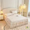 Faldón de Cama Acolchado Estilo Princesa de Algodón Puro Estilo Francés con Volantes, Cubierta de Cama Antideslizante de Encaje de una Pieza, Individual