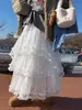 Falda de Encaje Blanca para Mujer Otoño e Invierno Nueva Falda de Gasa Línea A Dulce Princesa Esponjosa Pastel Larga