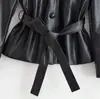 Chaqueta de cuero PU con cuello alto, de un solo botón, que ajusta la cintura, con cinturón, nueva moda de otoño e invierno, versátil, corte ajustado, elegante, top casual para mujer