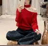 Elegante Suéter de Punto Rojo de Manga Larga con Cuello Halter de un Hombro para Mujer, Corte Holgado, Capa Base para Otoño e Invierno, Top sin Hombros