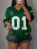 Camiseta feminina solta de manga curta estilo jersey, com blocos de cor em rede estilo retrô americano, top hot girl plus size