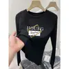 Nova camiseta de outono para mulheres, gola redonda canelada de manga longa, 100% algodão puro, moderna, versátil, rejuvenescedora, preta, modeladora, estilo casual