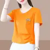 2026 Nueva Camiseta de Manga Corta con Cuello en V Estilo Comercio Exterior para Mujer, Holgada Talla Grande, Adelgazante, Cubre Vientre Top de Media Manga