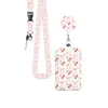 Porta-credencial retráctil de fabricante transfronterizo con diseño de cereza rosa, porta-tarjeta de campus, cordón de poliéster, clip retráctil para credencial, en stock