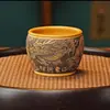 Juego de Té Artesanal de Arena Púrpura Yixing con Dragón, Fénix, Tigre, Girasol Tallado, Arcilla Amarilla y Roja, Cuatro Elefantes Brillan Juntos, Capacidad de Taza de Té 160 ml