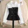 Blusas de outono para mulheres petite, gola polo patchwork, estilo Chanel irregular, versátil e fashion, com design que afina a cintura, camisa de manga longa