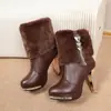 Botas de Moda Europeas y Americanas de Tacón Alto, Cálidas para Invierno, Tallas Grandes, Transfronterizas, Tacón Grueso, Decoración de Pedrería, Botines Gruesos con Piel, Mujer