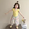 Conjunto de Botones Florales de Verano para Niñas 2026 Nuevo Conjunto Elegante de Dos Piezas para Niños, Pantalones Casuales de Verano a la Moda para Bebés Niñas